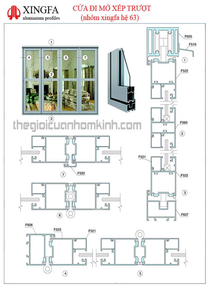 Bản vẽ cấu tạo cửa nhôm xingfa mở xếp trượt hệ 63