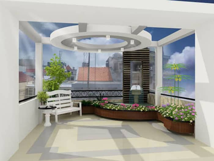 Mái che sân thượng bằng kính mang lại không gian rộng mở, hiện đại