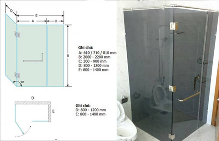 Kích thước phòng tắm kính cánh mở quay thông dụng