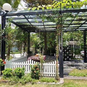 Mái kính sân vườn đẹp với nhiều cây lá bao quanh