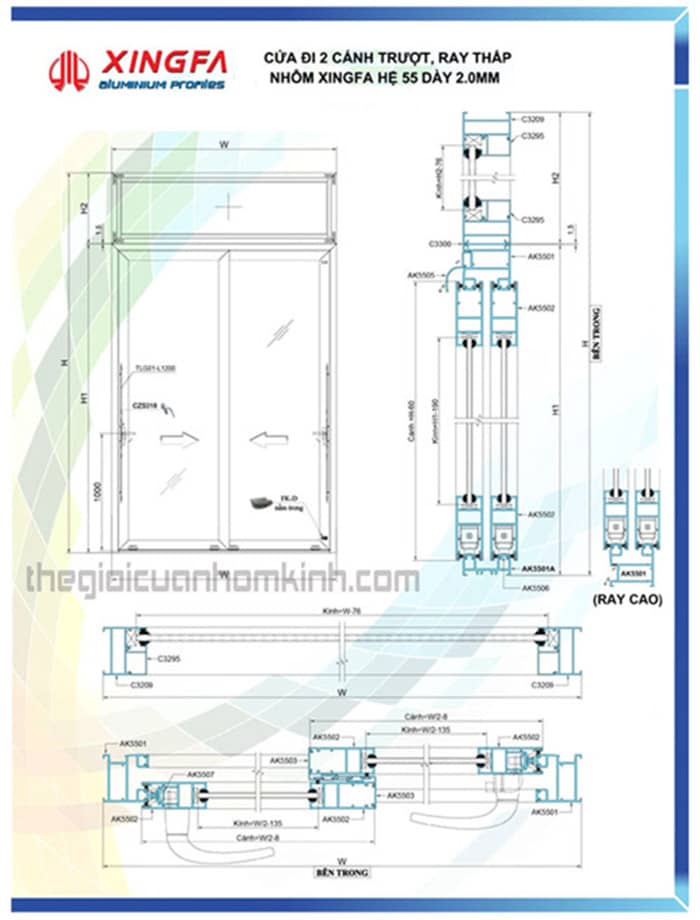 Cấu tạo cửa đi 2 cánh mở trượt nhôm xingfa hệ 55