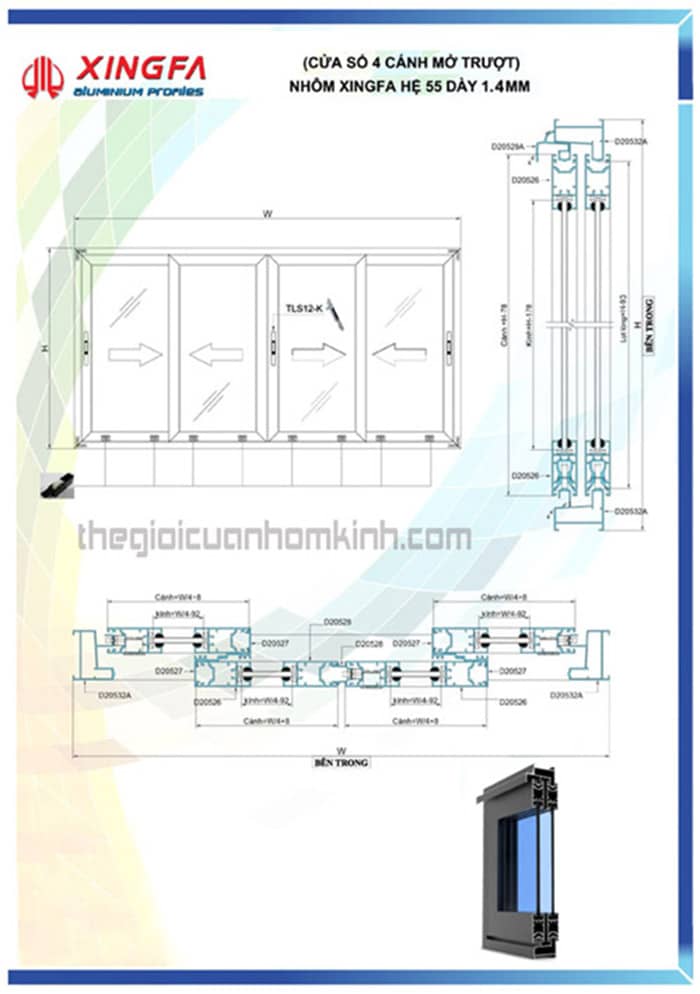Cấu tạo cửa sổ 4 cánh mở trượt nhôm xingfa hệ 55