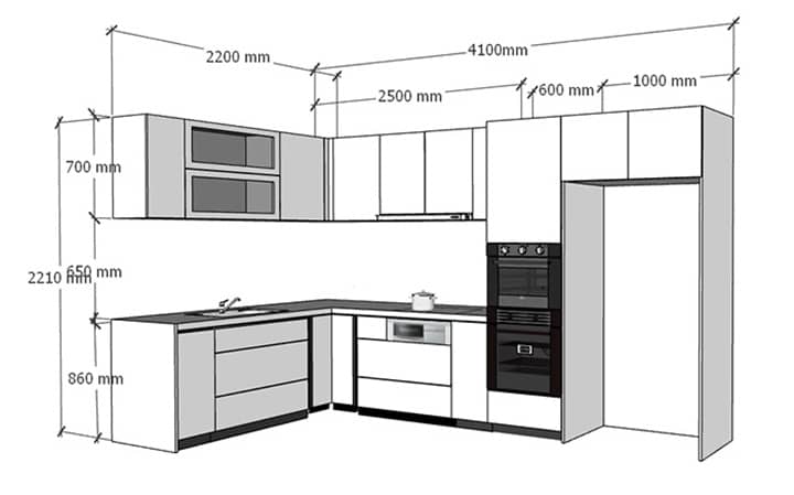 Kích thước tủ bếp chữ L chuẩn phải phù hợp với chiều cao người sử dụng