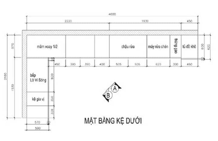 Kích thước bản vẽ mặt bằng tủ bếp dưới
