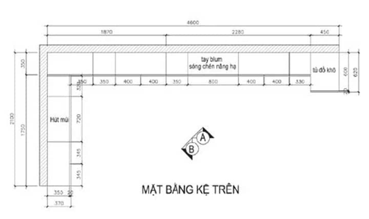 Kích thước mặt bằng tủ bếp trên hình chữ L
