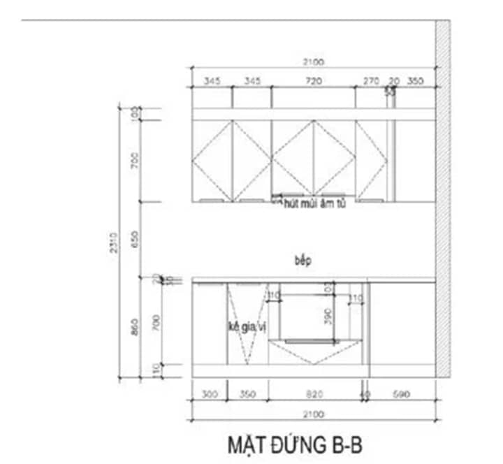 Kích thước bản vẽ mặt đứng B-B của tủ bếp
