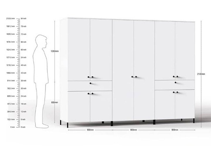 Kích thước tủ quần áo 6 cánh nhôm kính