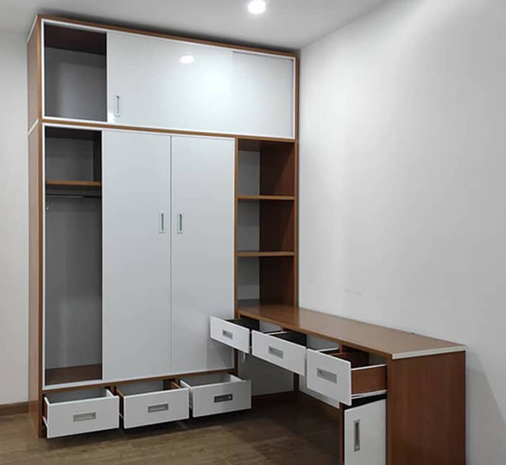 Thi công lắp đặt mầu tủ áo kết hợp bàn học tiện lợi